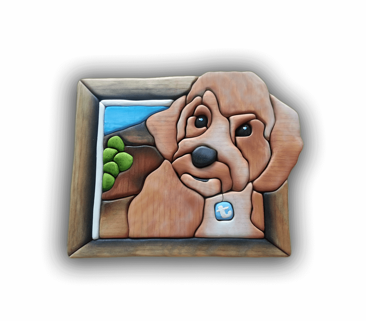 A custom Intarsia Art piece by Nick Vidakovic of a dog