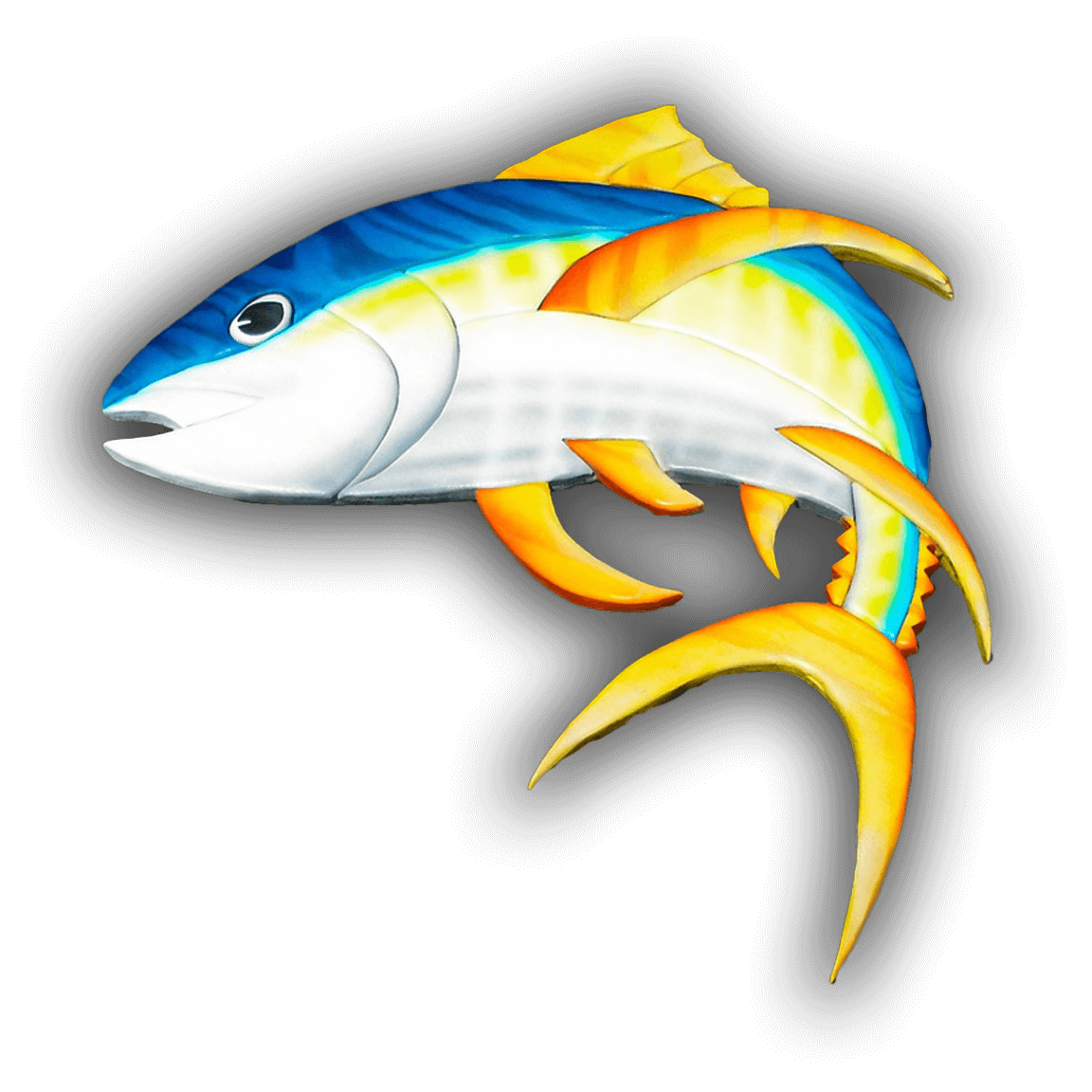 A custom Intarsia Art piece by Nick Vidakovic of a tuna fish