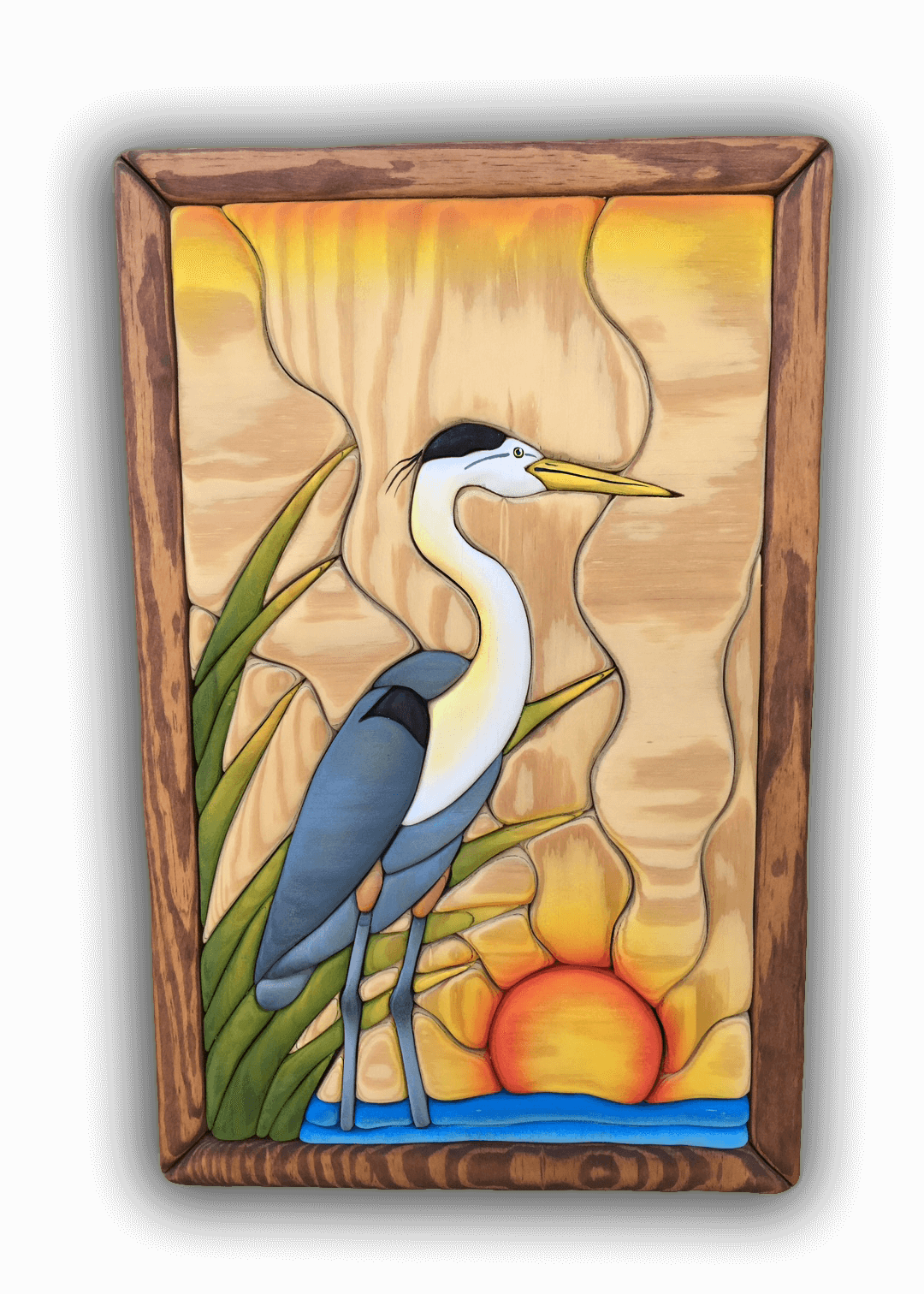 A custom Intarsia Art piece by Nick Vidakovic of a bird in a wooden frame