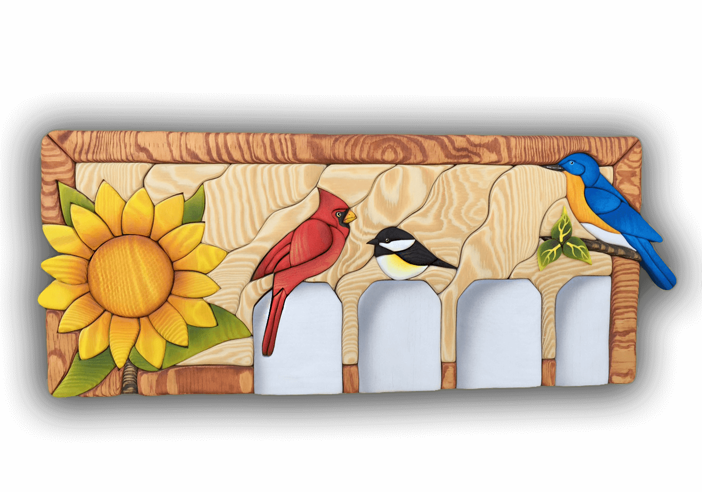 A custom Intarsia Art piece by Nick Vidakovic of a fence with birds and a sunflower on it
