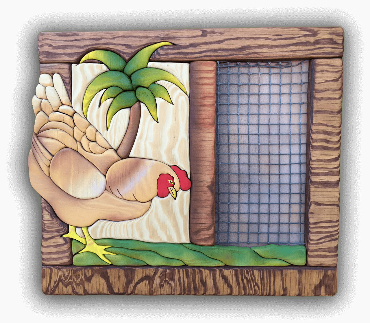 A custom Intarsia Art piece by Nick Vidakovic of a chicken in a wooden frame with a palm tree in the background