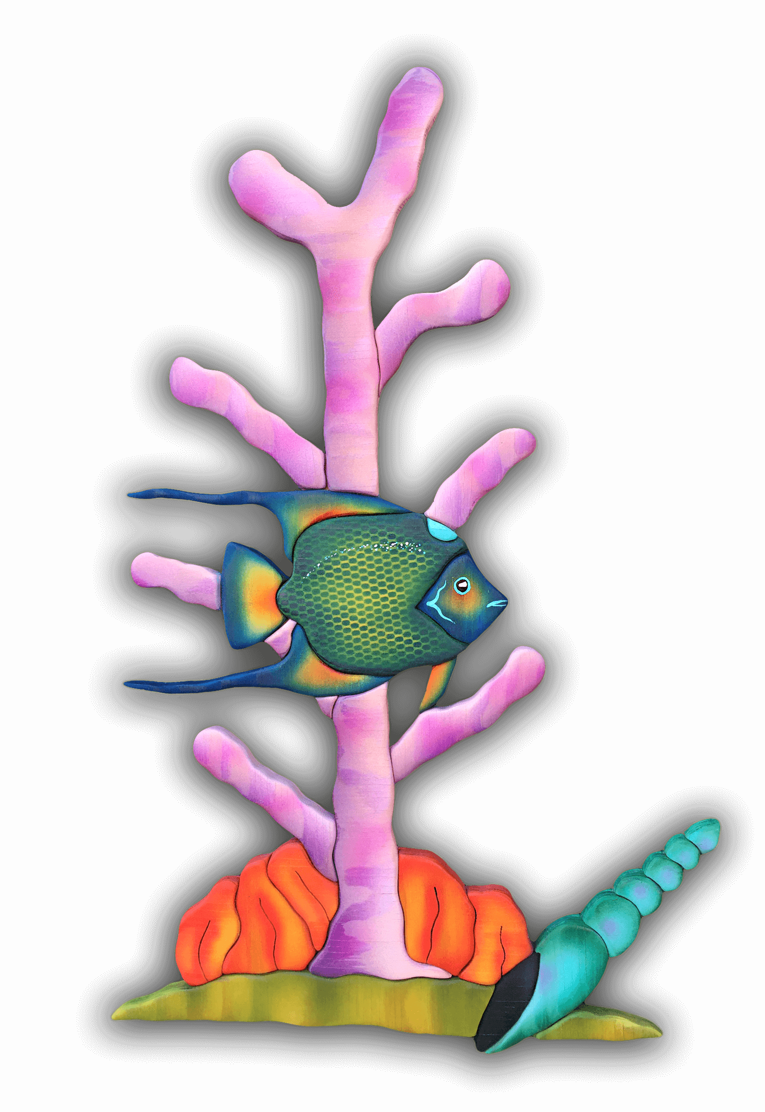 A fish is sitting on top of a pink coral reef.