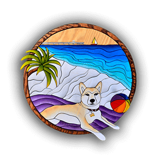 A custom Intarsia Art piece by Nick Vidakovic of a dog on a beach