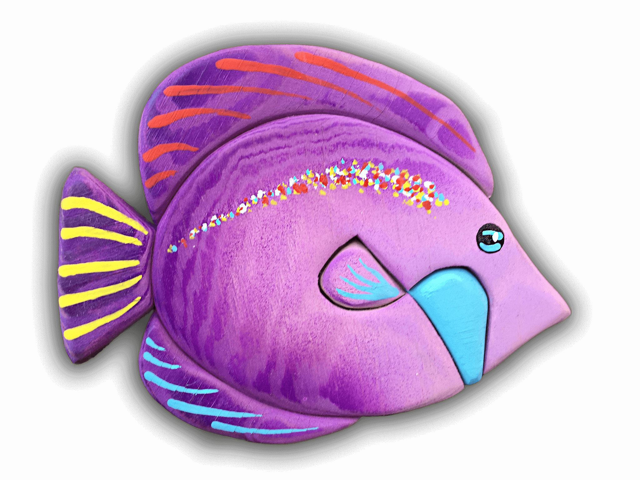 A custom Intarsia Art piece by Nick Vidakovic of a purple fish with a blue nose and yellow stripes on its tail.