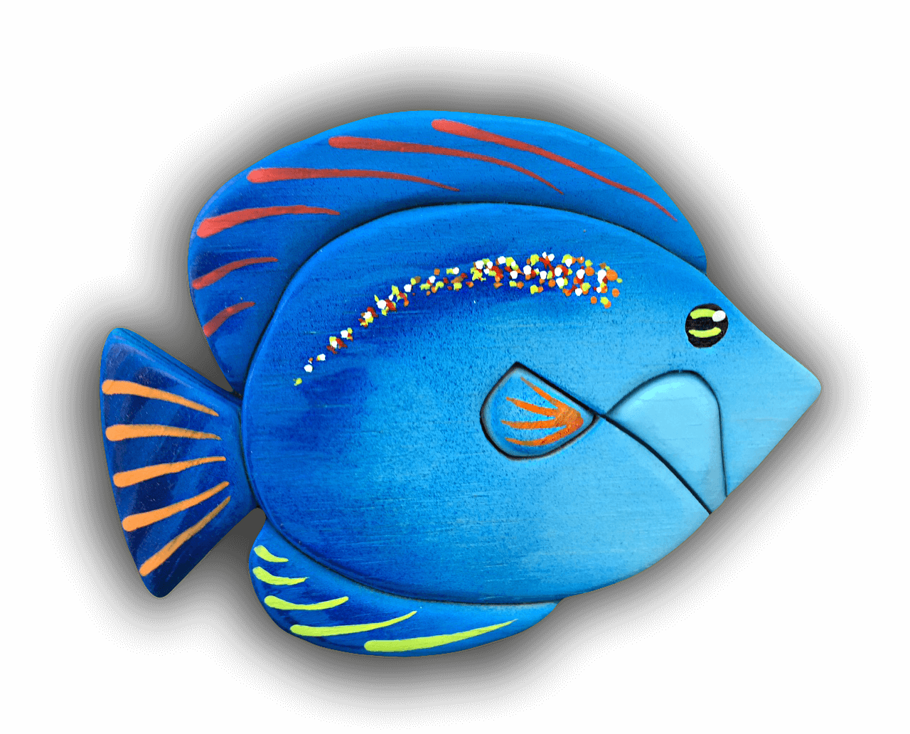 A custom Intarsia Art piece by Nick Vidakovic of a blue fish with orange stripes on its tail