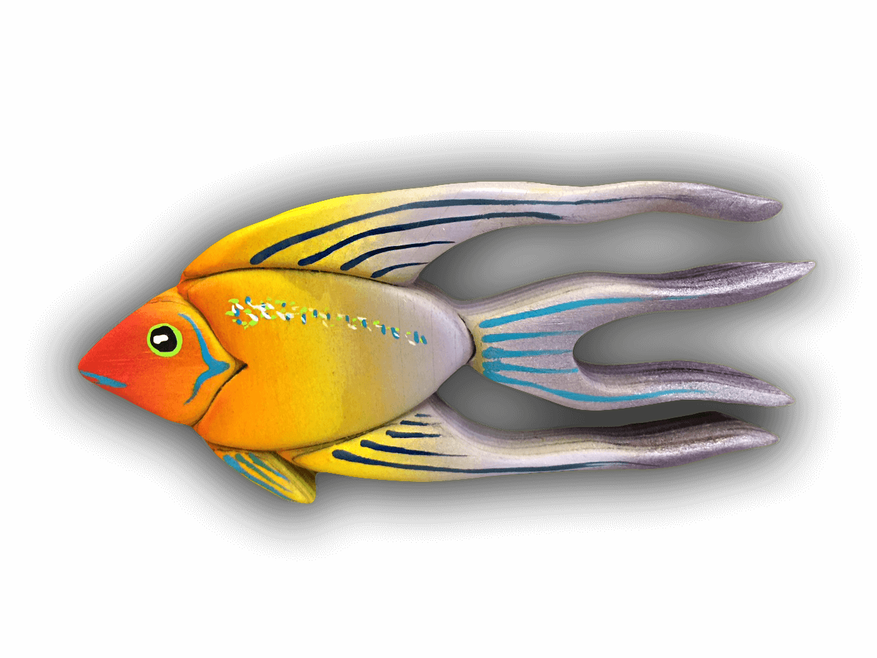 A custom Intarsia Art piece by Nick Vidakovic of a colorful fish with long wings and a red head