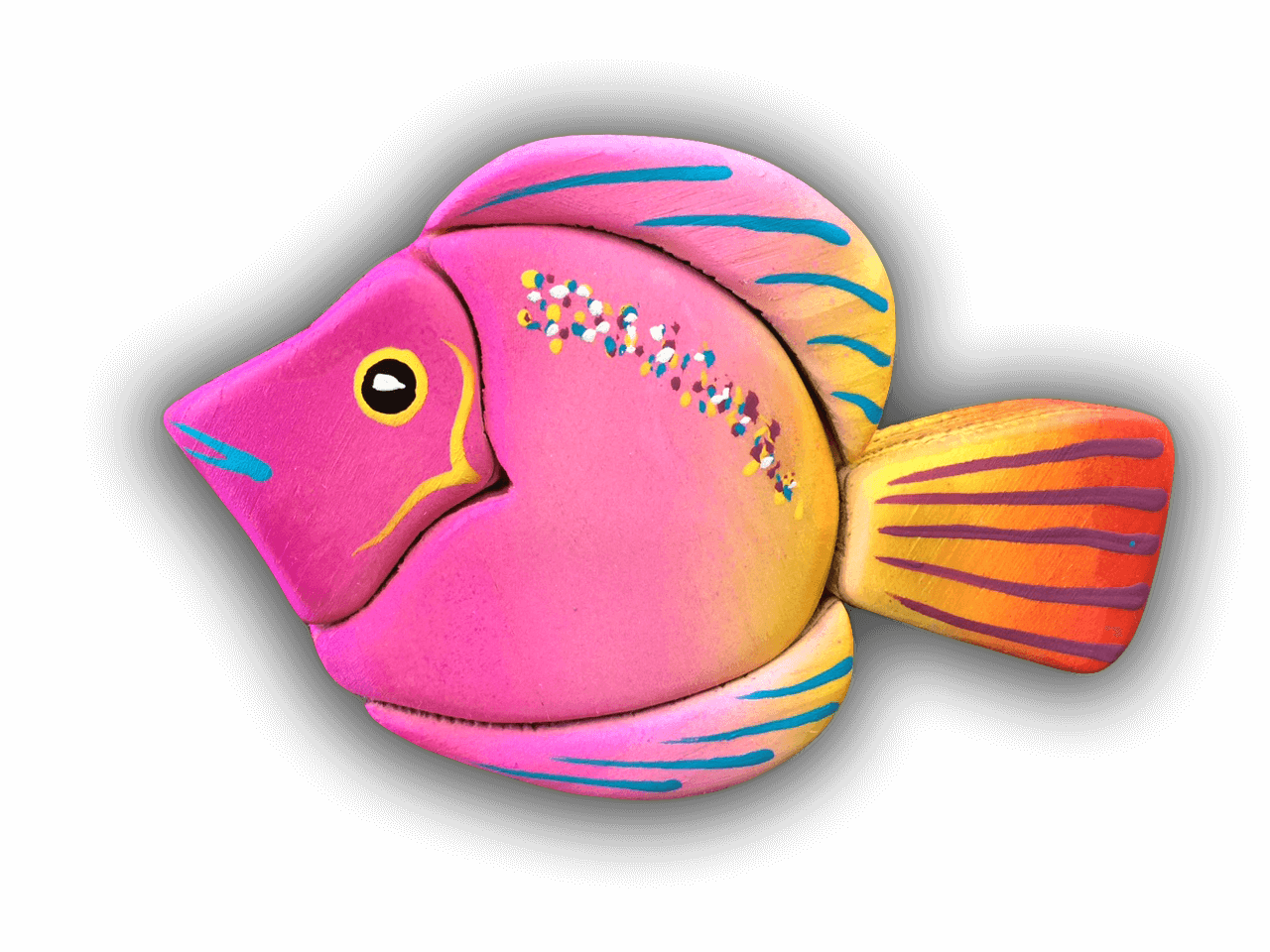 A custom Intarsia Art piece by Nick Vidakovic of a pink fish with a yellow tail and blue stripes