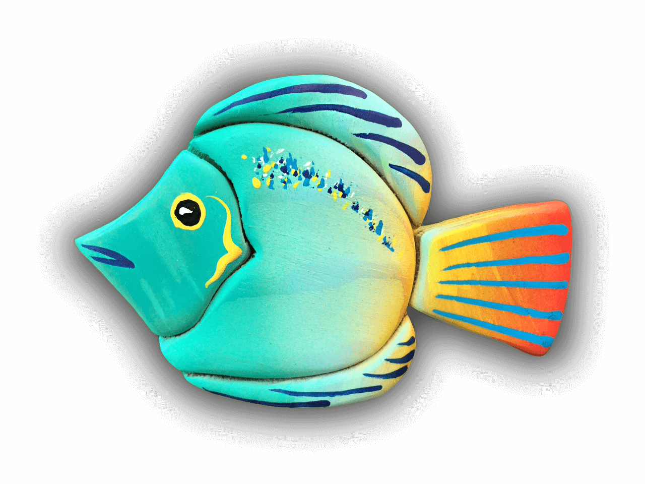 A custom Intarsia Art piece by Nick Vidakovic of a blue and orange fish with yellow