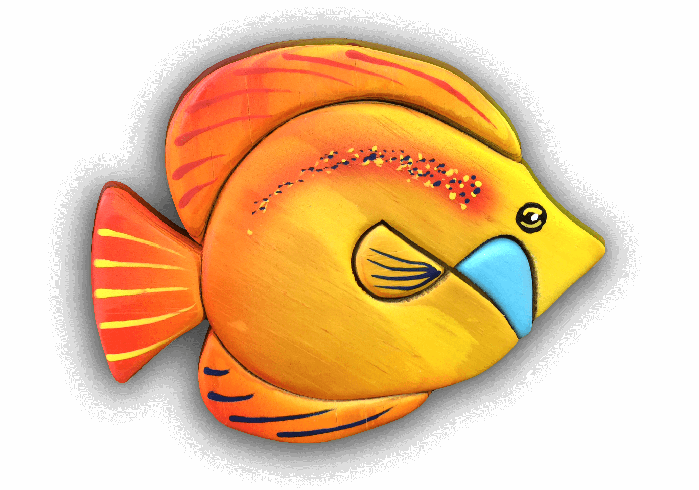 A custom Intarsia Art piece by Nick Vidakovic of a yellow and orange fish with a blue