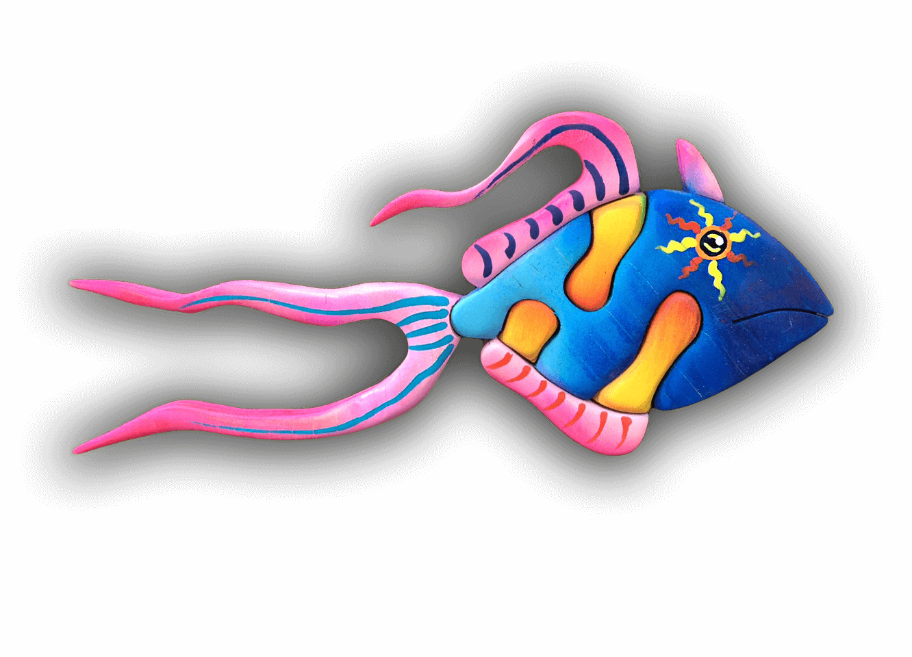 A custom Intarsia Art piece by Nick Vidakovic of a blue and pink fish with a sun on its face