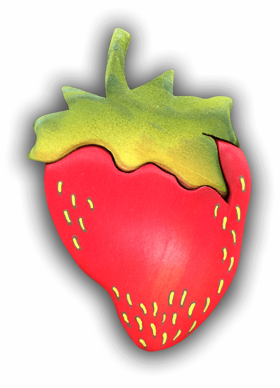 A custom Intarsia Art piece by Nick Vidakovic of a strawberry