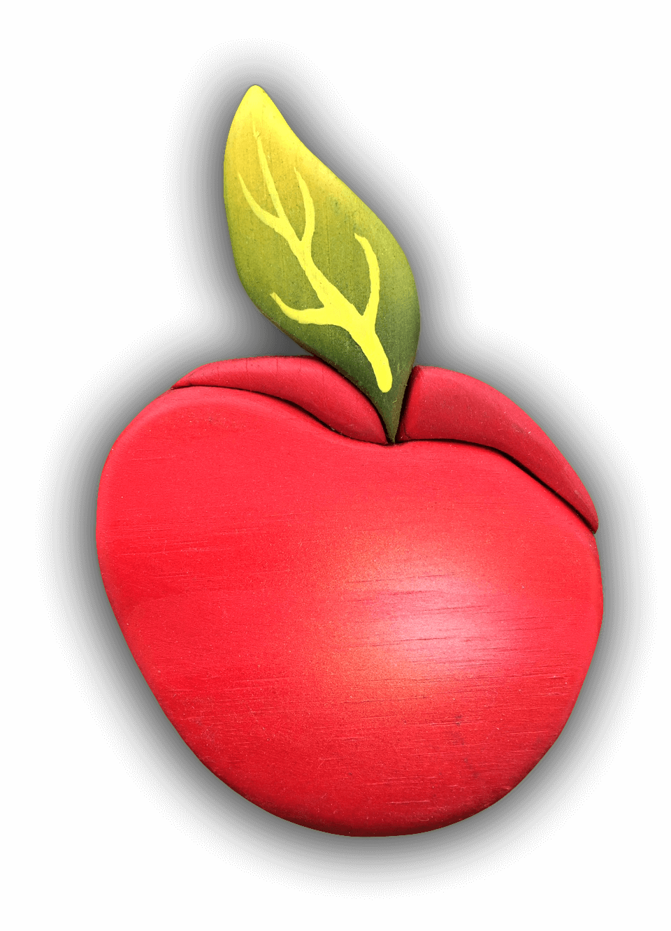 A custom Intarsia Art piece by Nick Vidakovic of a red apple with a green leaf on top