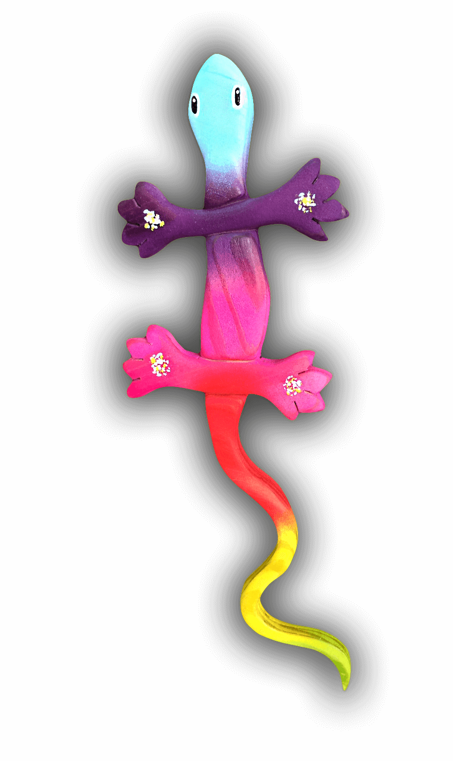 A custom Intarsia Art piece by Nick Vidakovic of a colorful lizard with a long tail