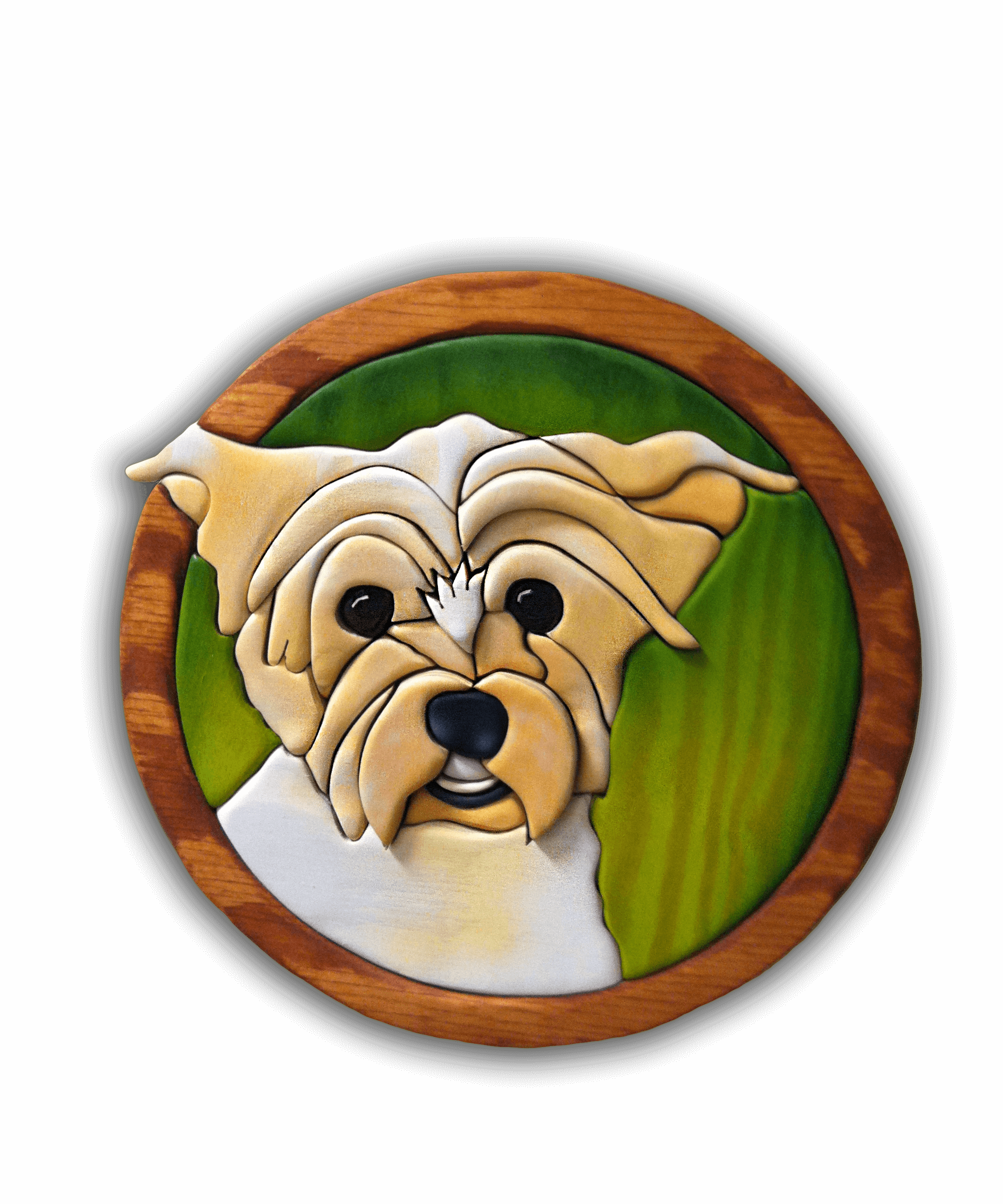 A custom Intarsia Art piece by Nick Vidakovic of a dog