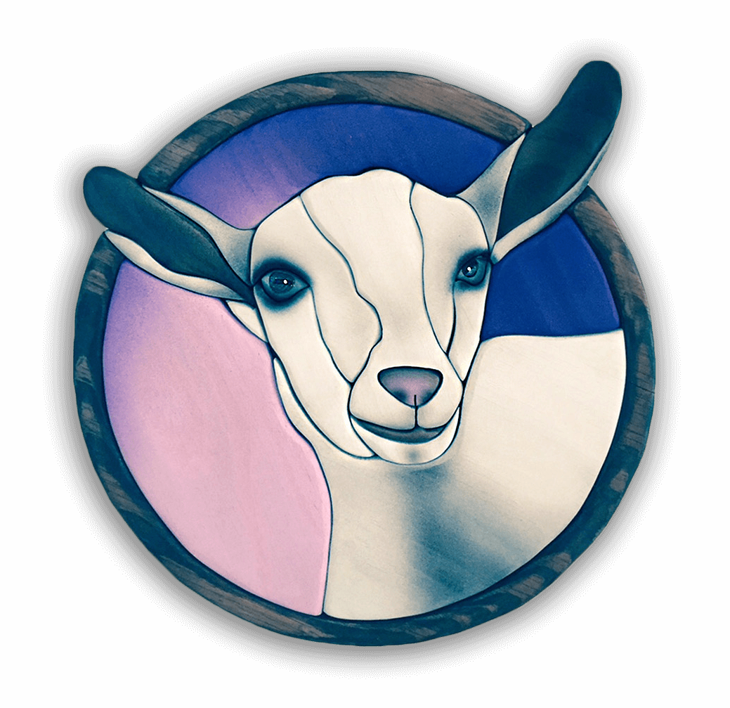 A custom Intarsia Art piece by Nick Vidakovic of a goat.
