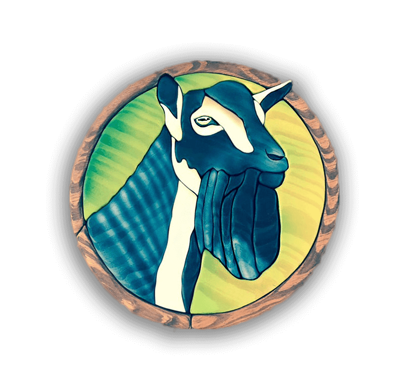 A custom Intarsia Art piece by Nick Vidakovic of a goat with a long beard 