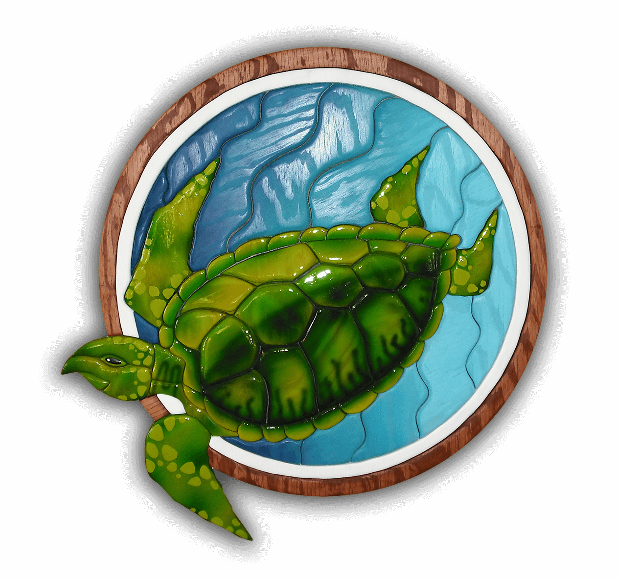 A custom Intarsia Art piece by Nick Vidakovic of a turtle swimming