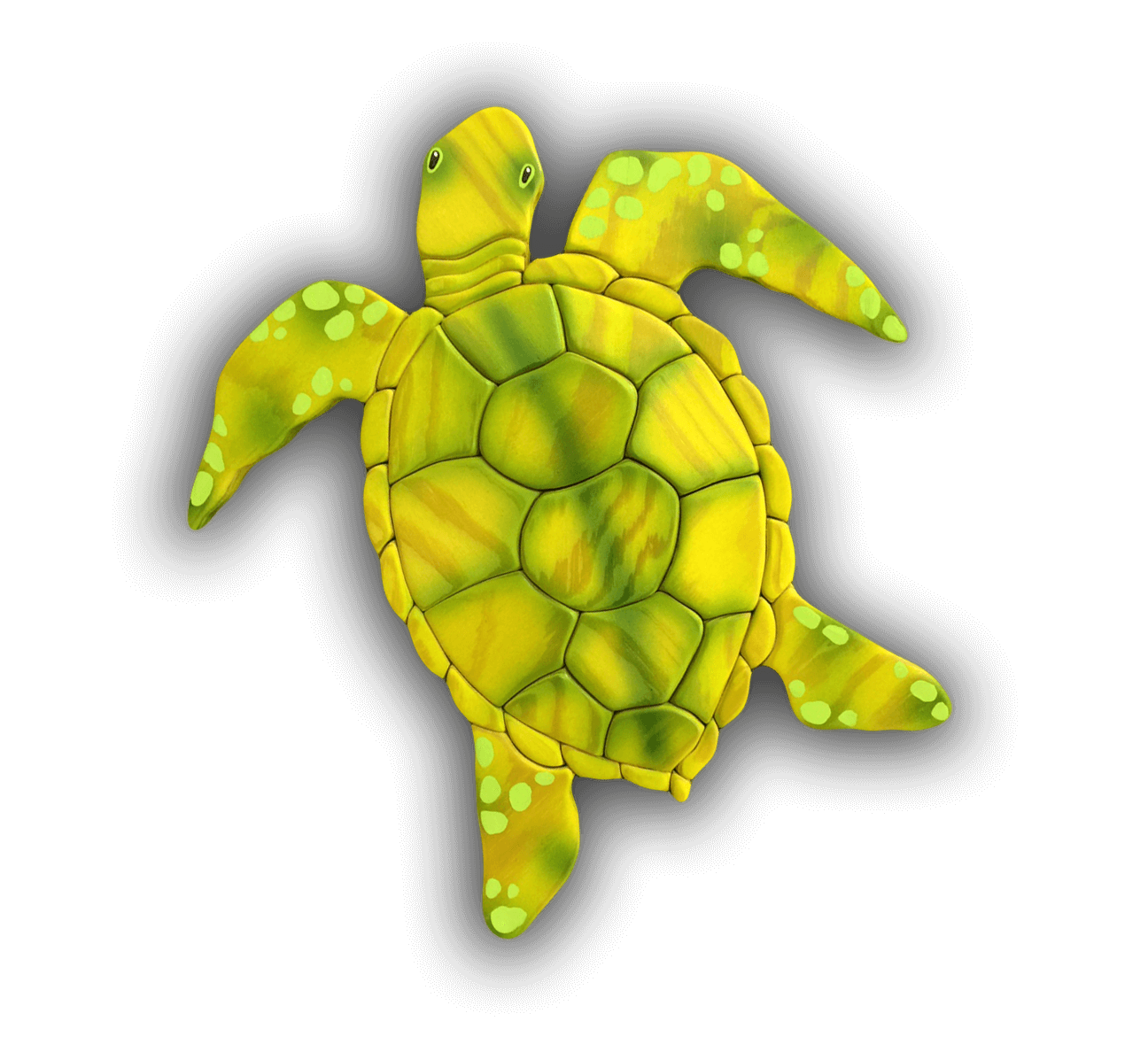 A yellow sea turtle with green spots on its shell