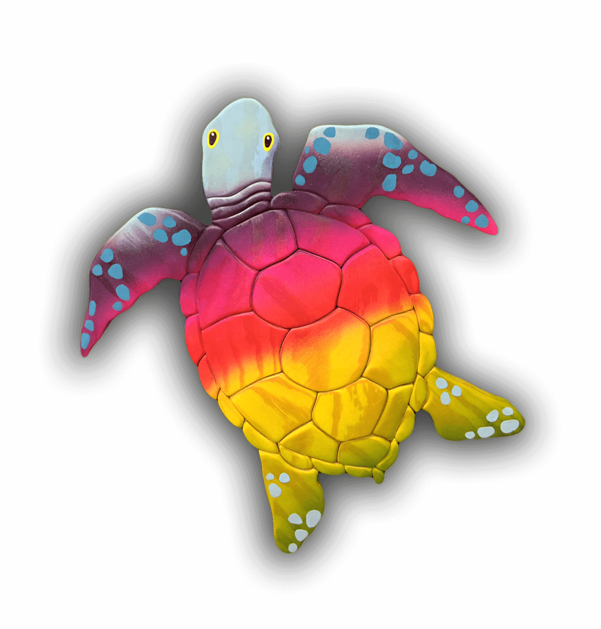 A rainbow colored sea turtle with a white head