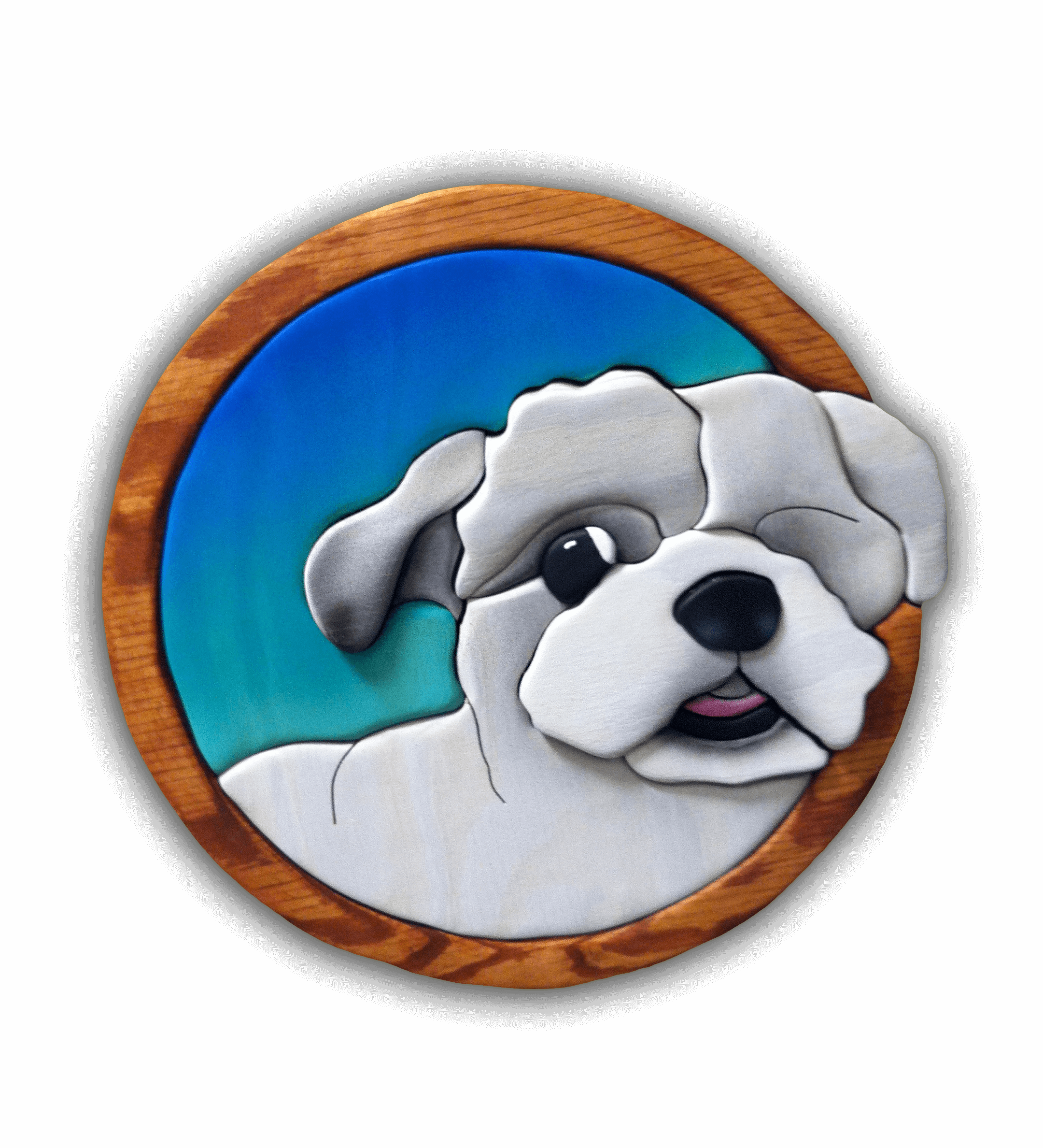 A custom Intarsia Art piece by Nick Vidakovic of a dog