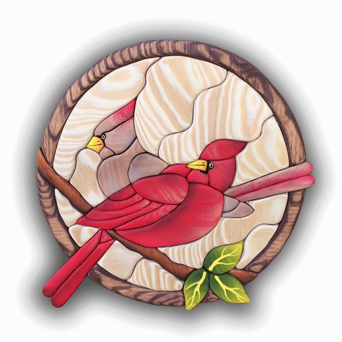 A custom Intarsia Art piece by Nick Vidakovic of two cardinals sitting on a branch