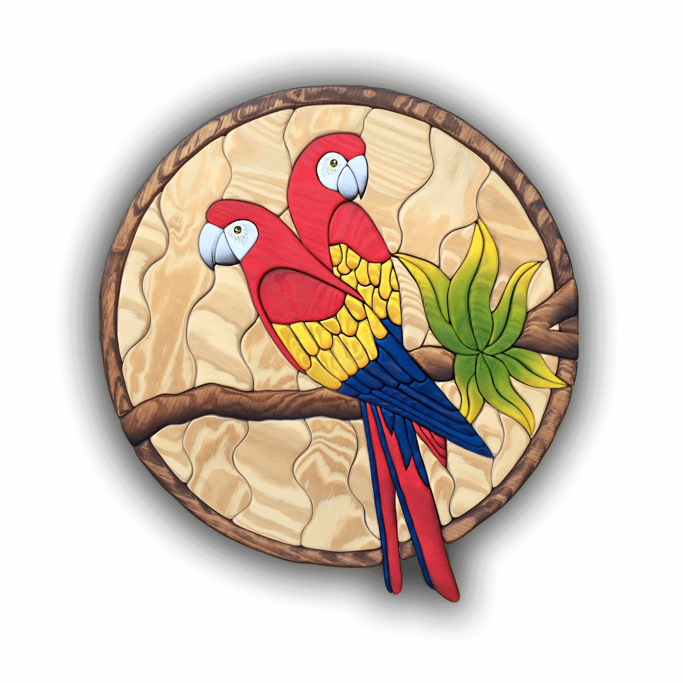 A custom Intarsia Art piece by Nick Vidakovic of two parrots sitting on a tree branch 