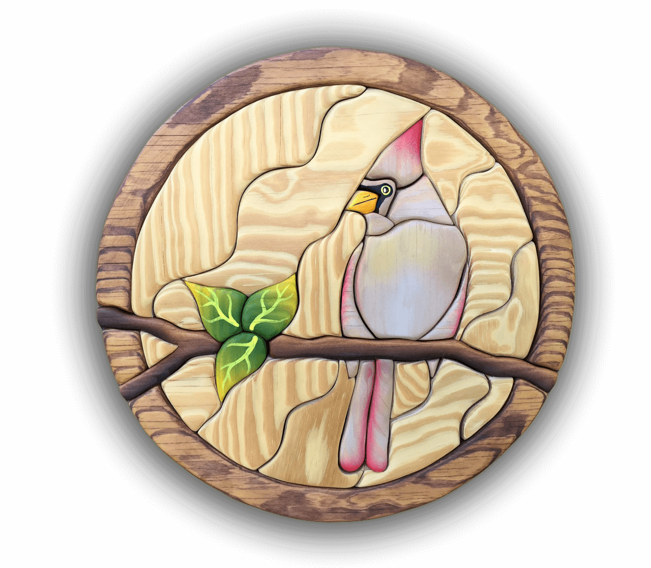 A custom Intarsia Art piece by Nick Vidakovic of a bird sitting on a branch