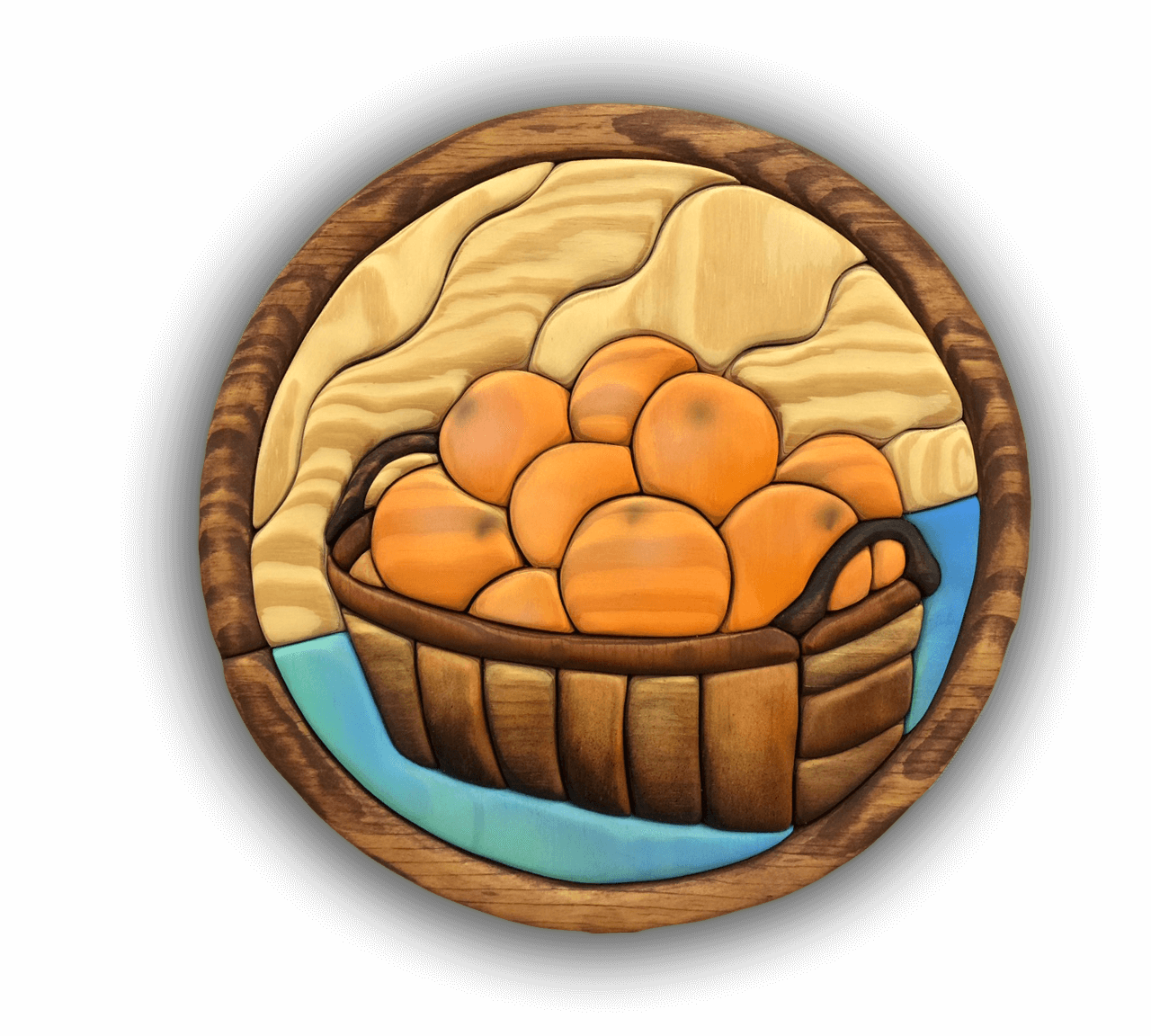 A custom Intarsia Art piece by Nick Vidakovic of a basket of oranges 