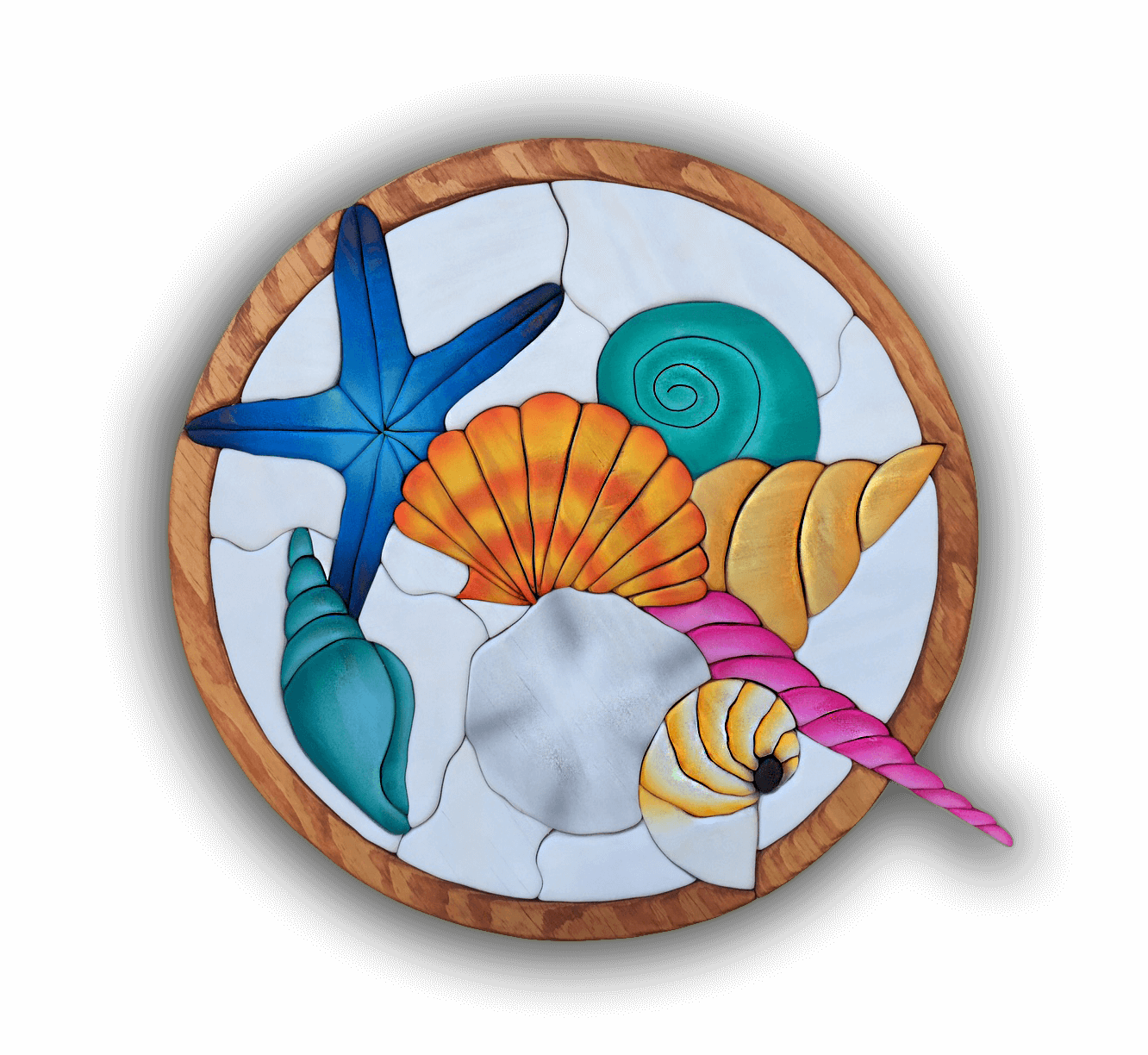 A custom Intarsia Art piece by Nick Vidakovic of an ocean scene