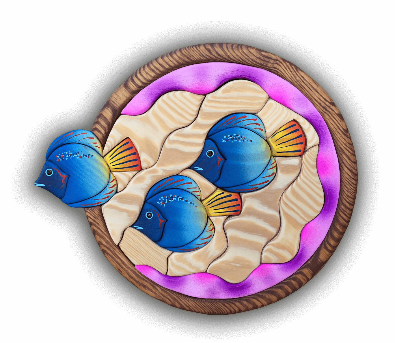 A custom Intarsia Art piece by Nick Vidakovic of an ocean scene