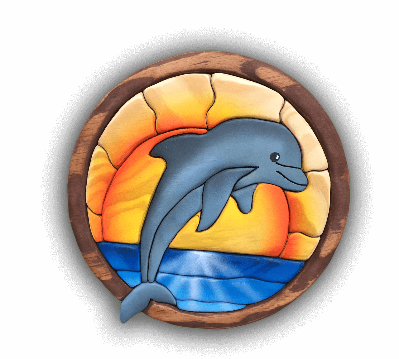 A custom Intarsia Art piece by Nick Vidakovic of a dolphin jumping out of the water