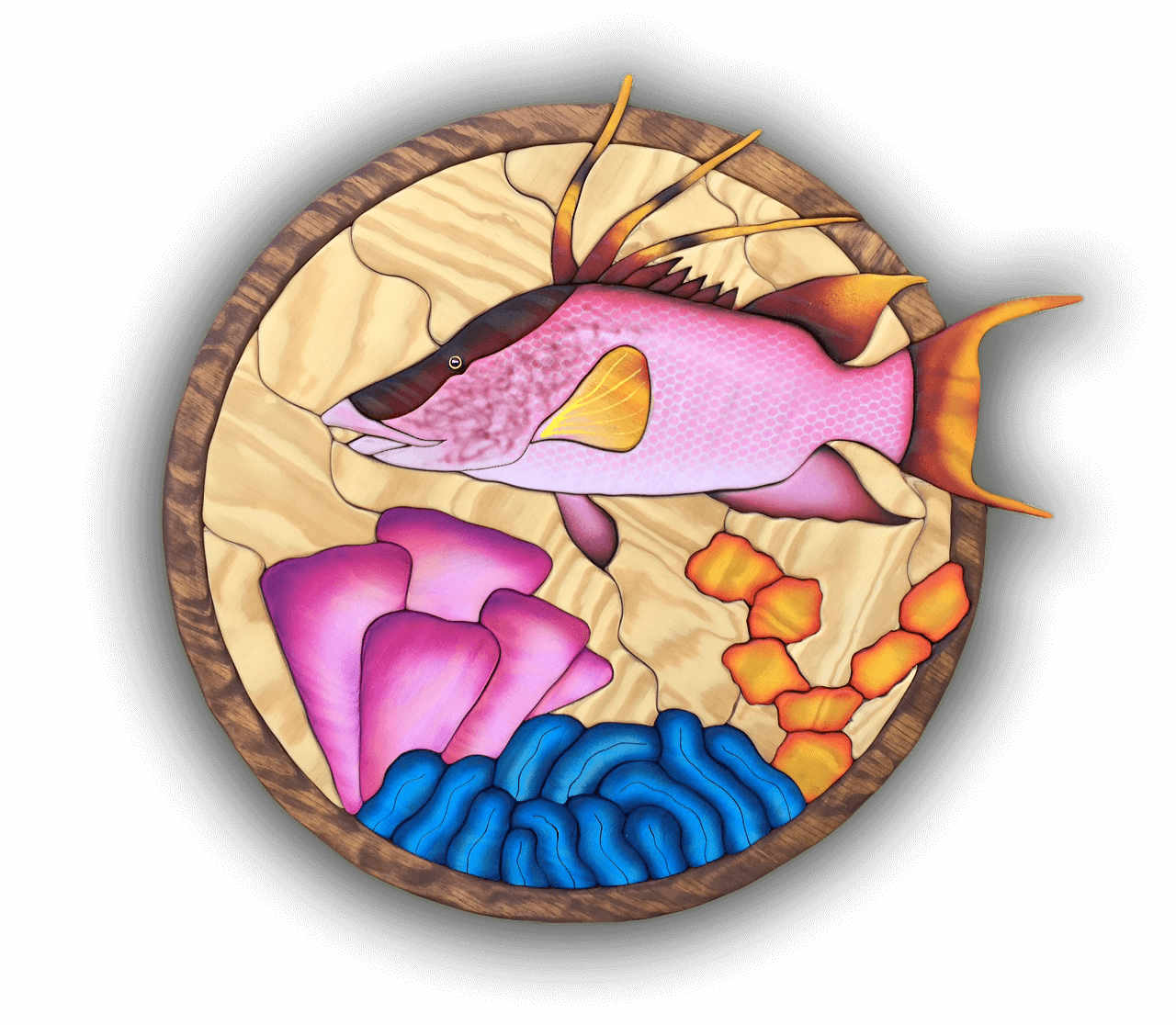 A custom Intarsia Art piece by Nick Vidakovic of a fish and corals