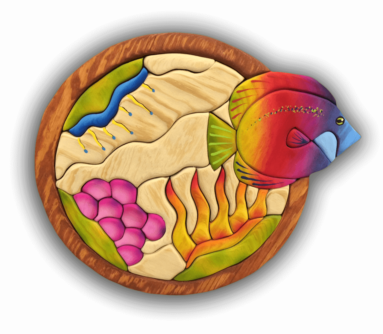 A custom Intarsia Art piece by Nick Vidakovic of an ocean scene