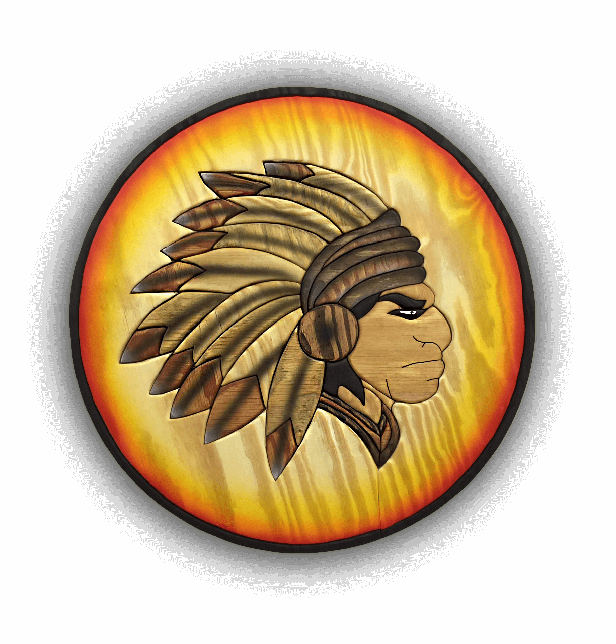A custom Intarsia Art piece by Nick Vidakovic of a Native American