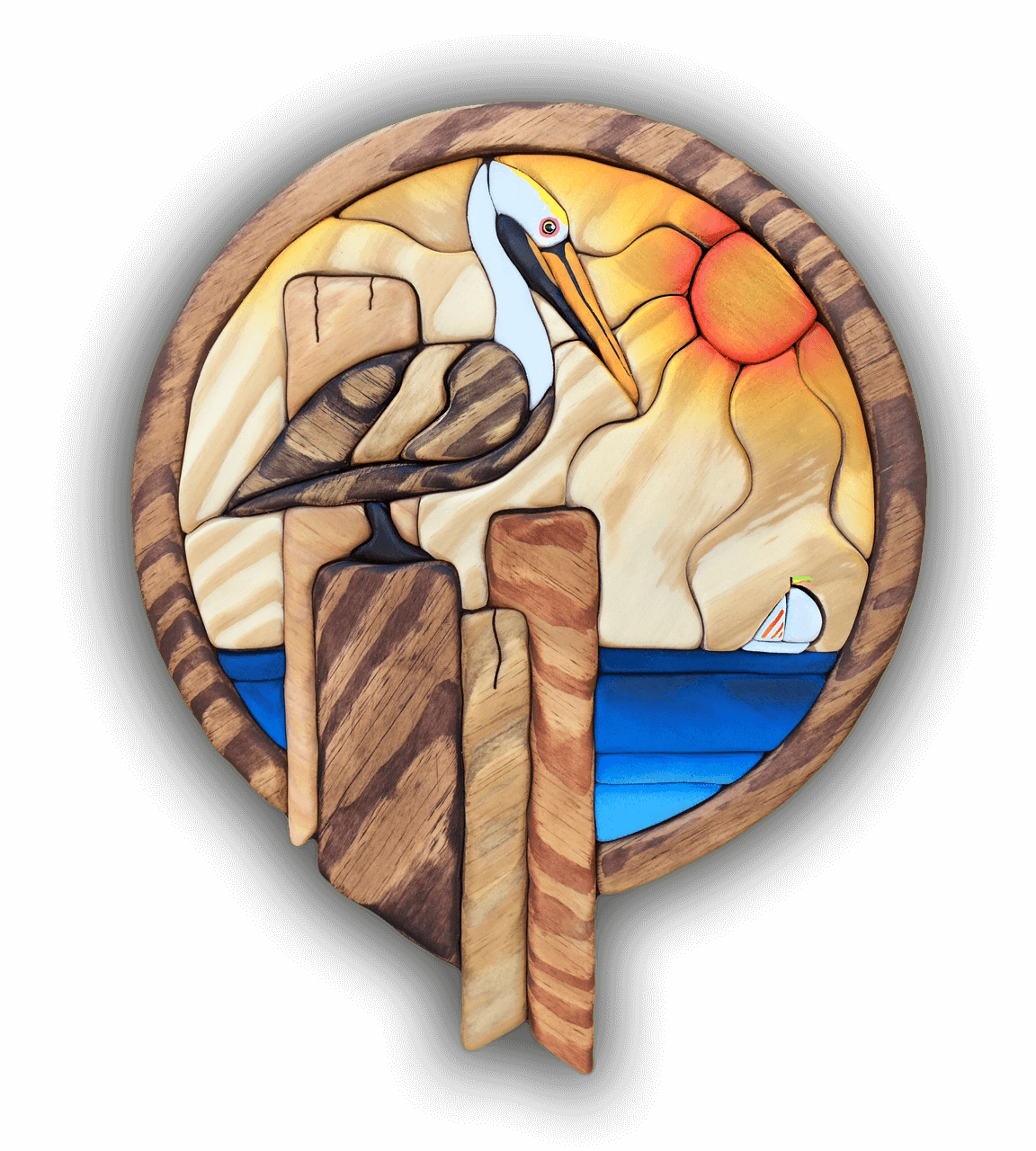 A custom Intarsia Art piece by Nick Vidakovic of a pelican sitting on a wooden post with the sun behind it