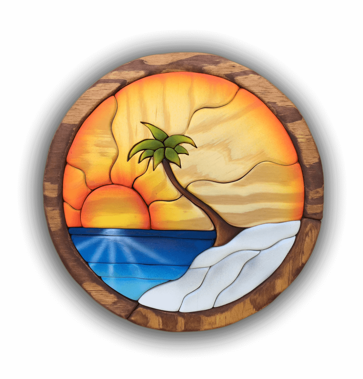 Intarsia Art by Nick Vidakovic - A sunset with a palm tree in the beach of a small island