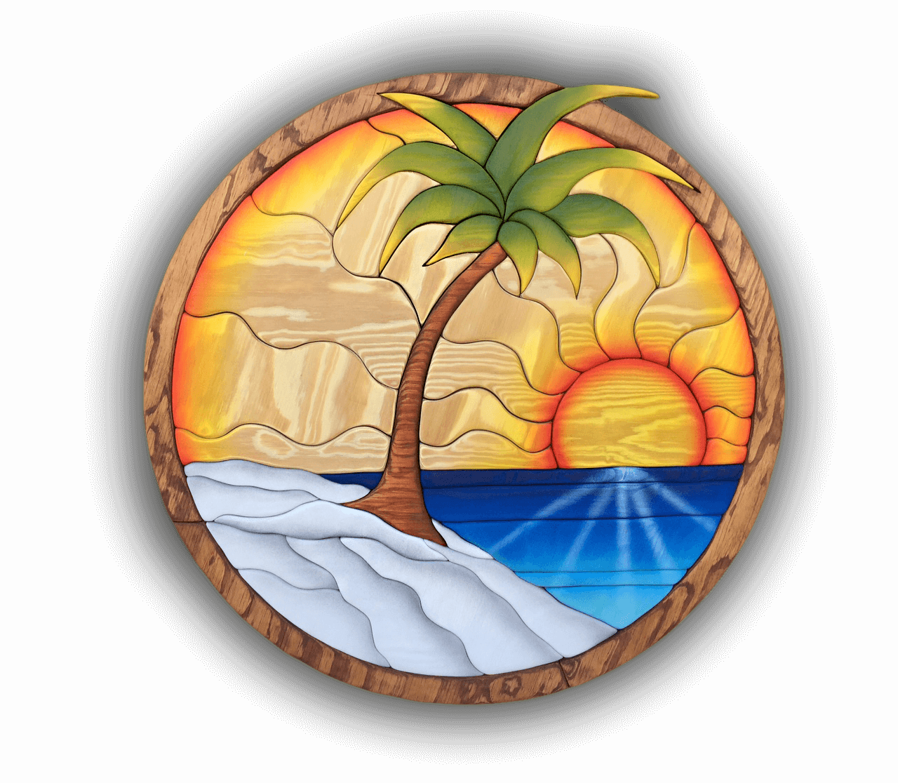 Intarsia Art by Nick Vidakovic- A palm tree and a sunset over the ocean