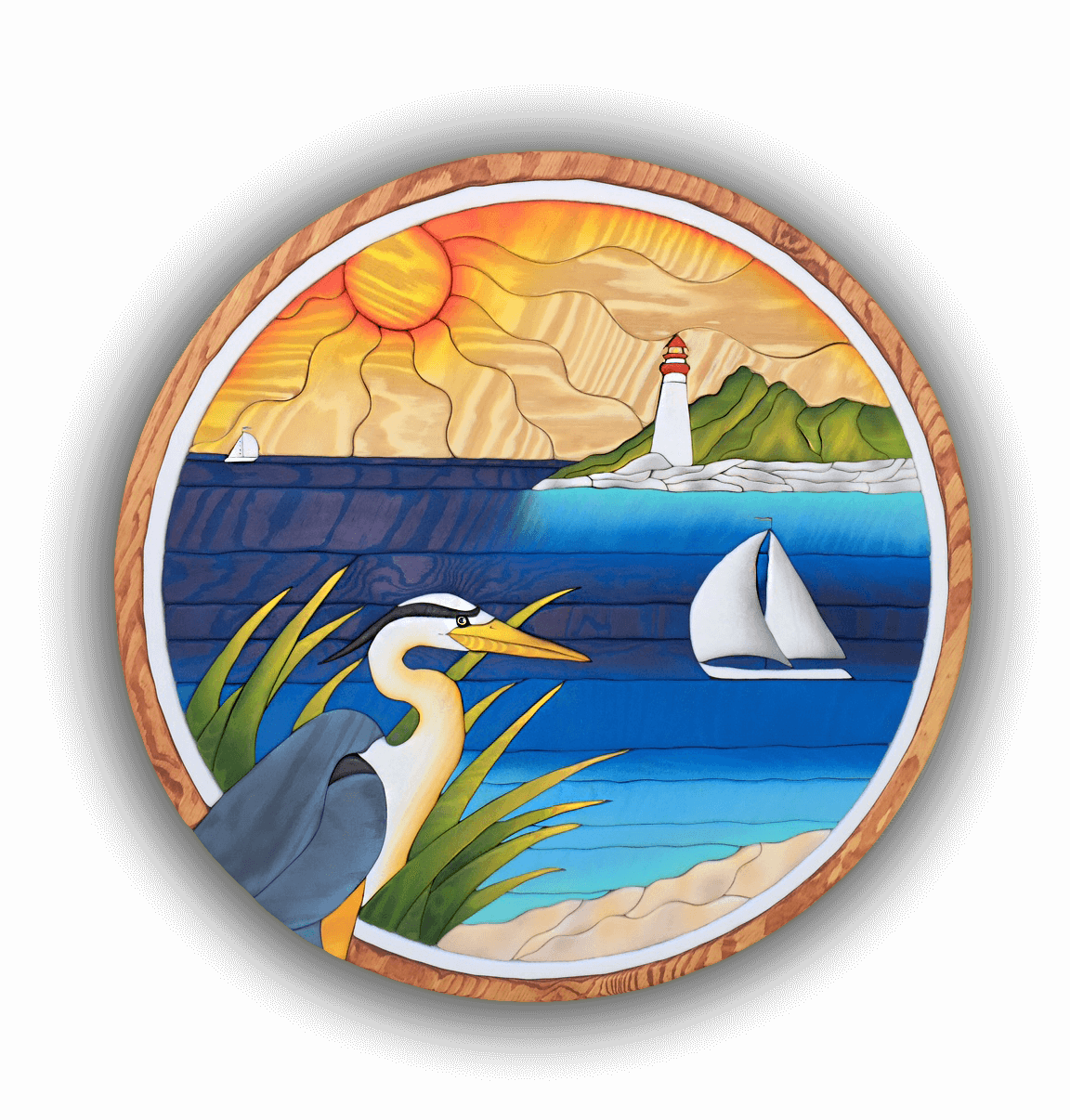 Intarsia Art by Nick Vidakovic of a heron and a sailboat in the ocean with the sun and a lighthouse in the background