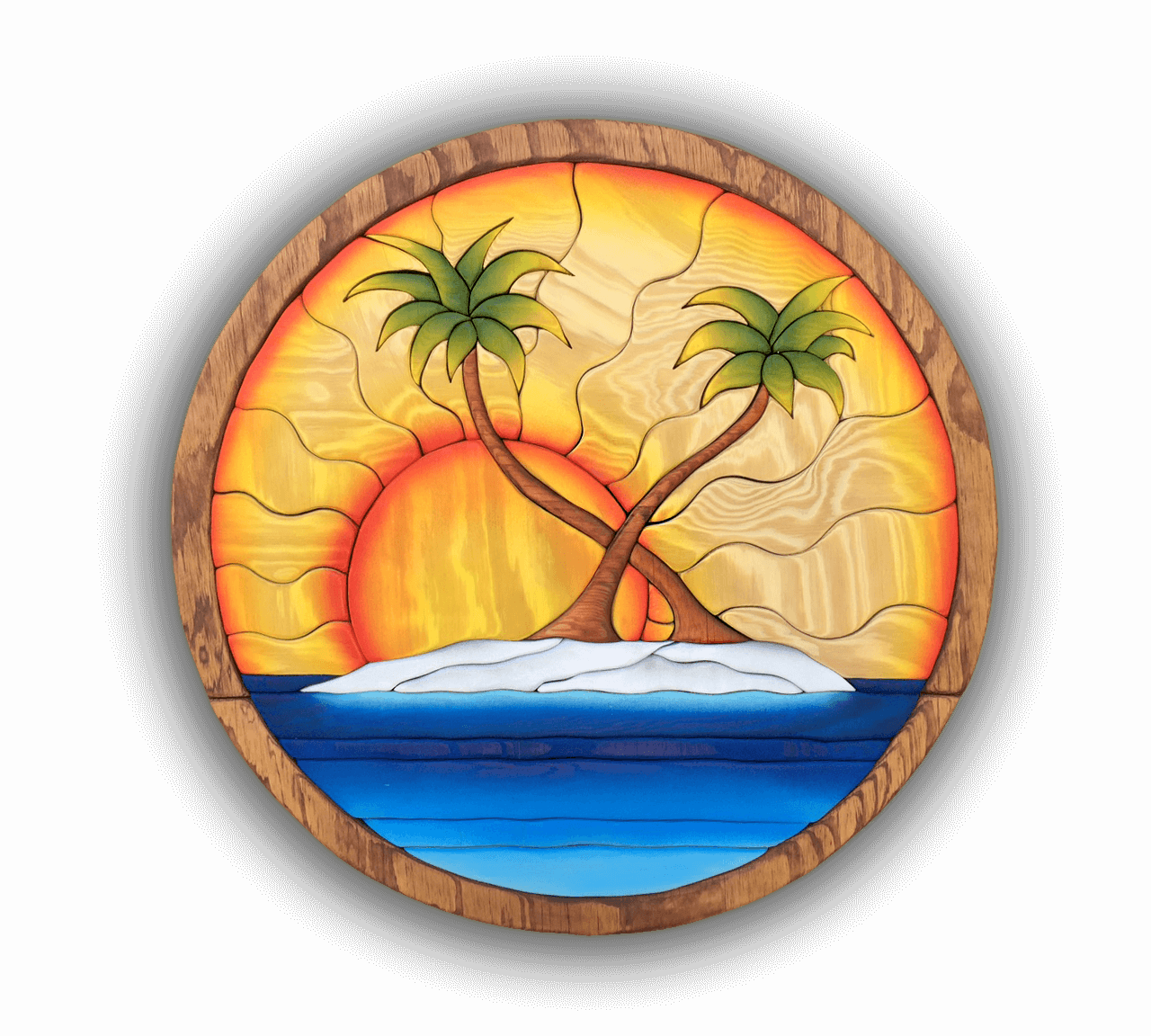 A custom Intarsia Art piece by Nick Vidakovic of a stained glass painting of two palm trees on a small island in the ocean.