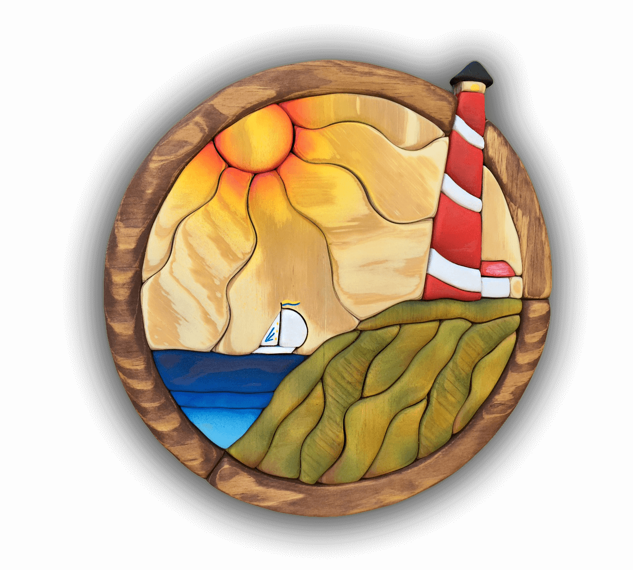 A custom Intarsia Art piece by Nick Vidakovic of a lighthouse and a sailboat