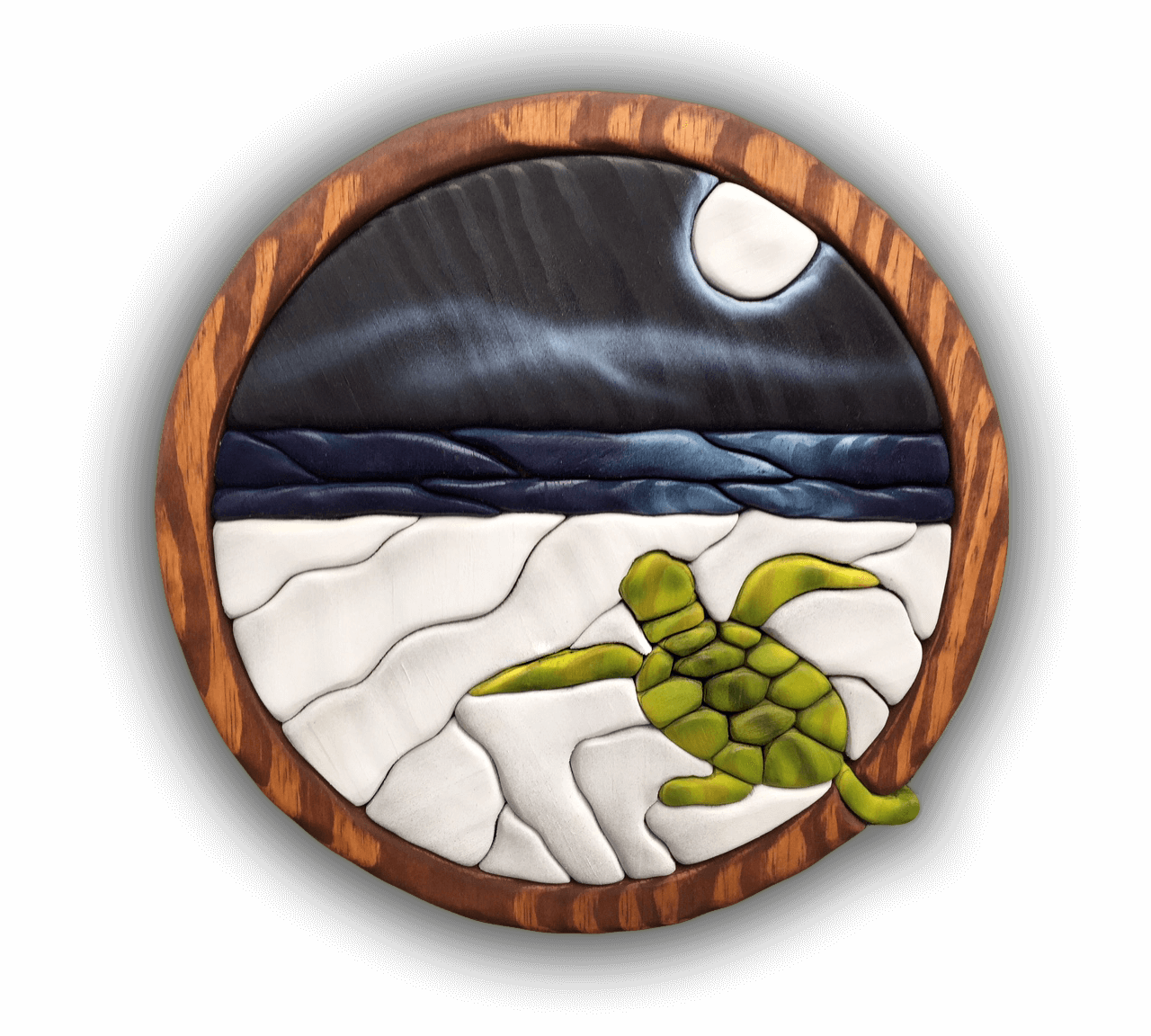 A picture of a sea turtle in a wooden frame