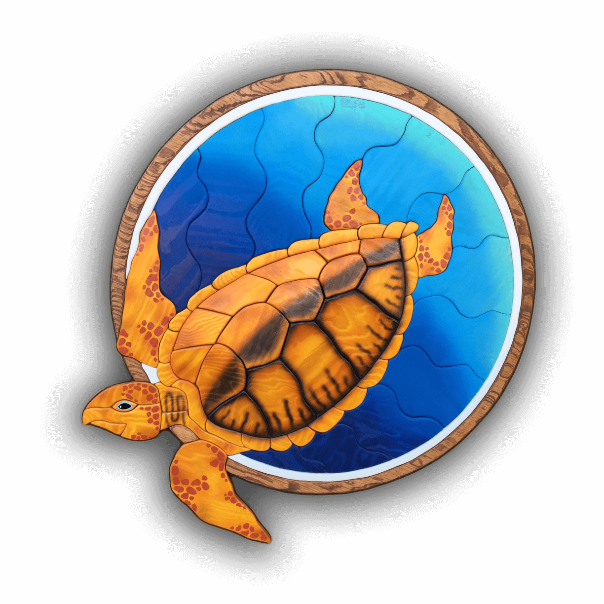 A custom Intarsia Art piece by Nick Vidakovic of a sea turtle swimming