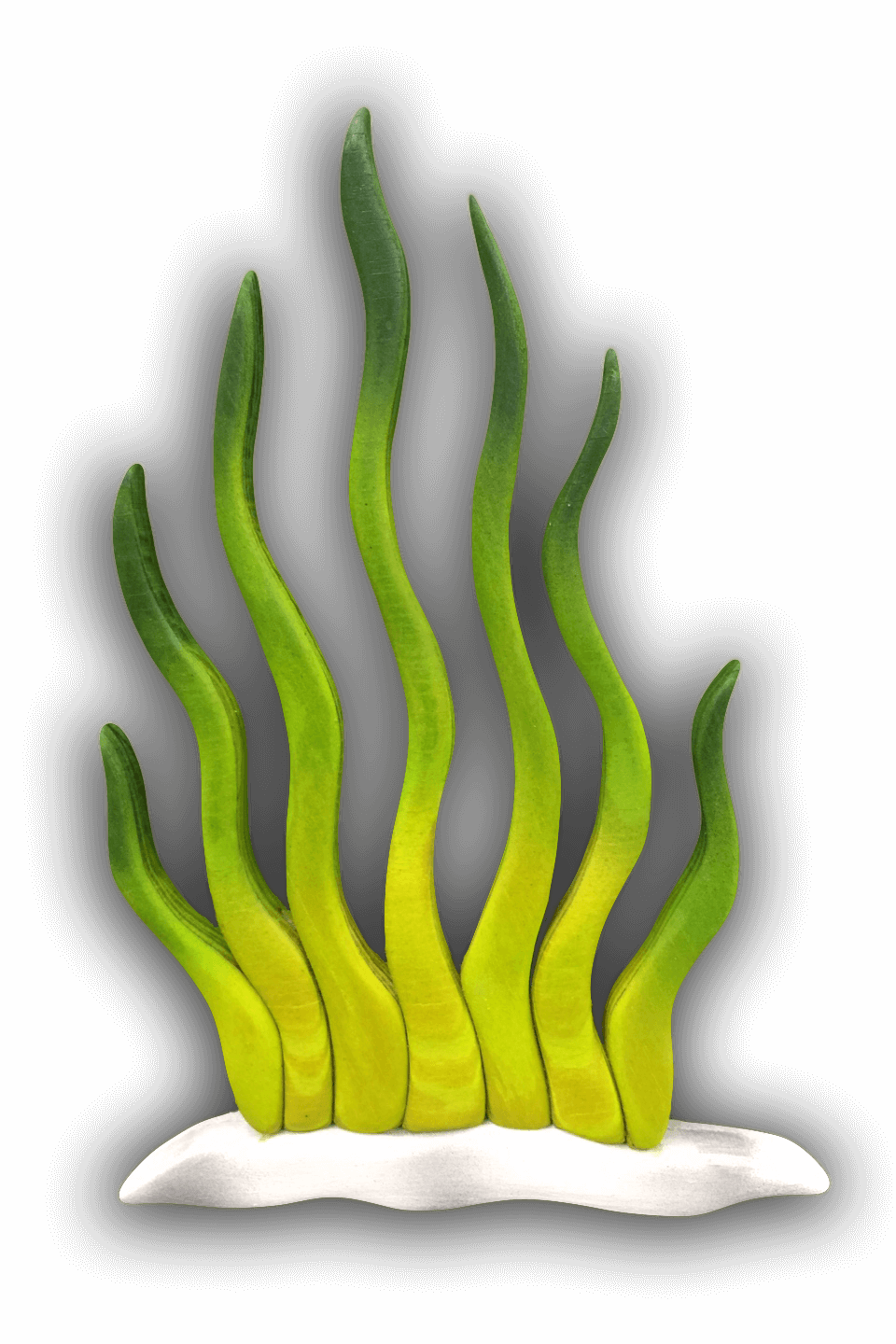 A custom Intarsia Art piece by Nick Vidakovic of a green and yellow seaweed