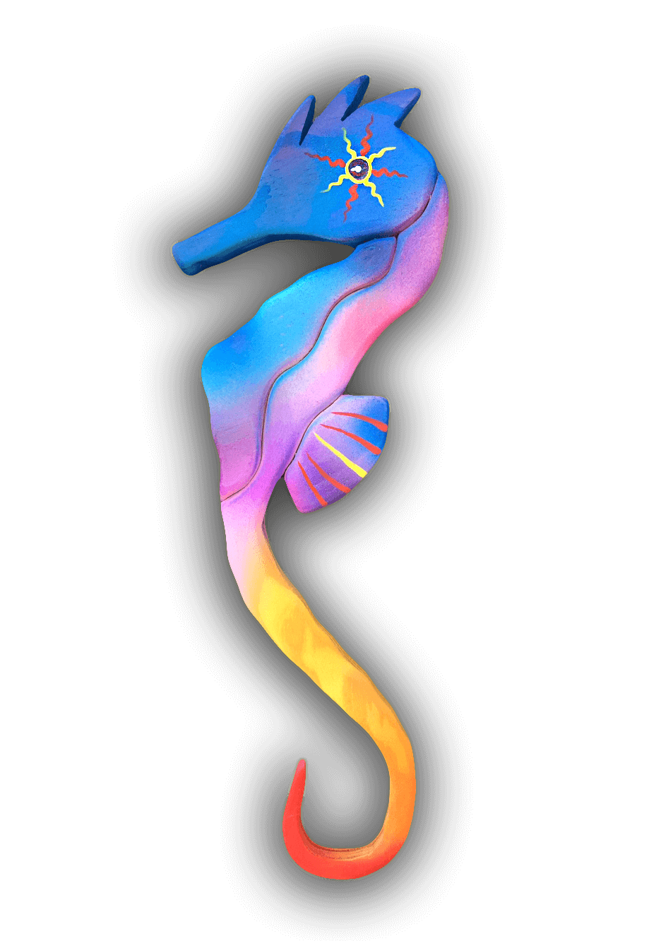 A custom Intarsia Art piece by Nick Vidakovic of a colorful seahorse