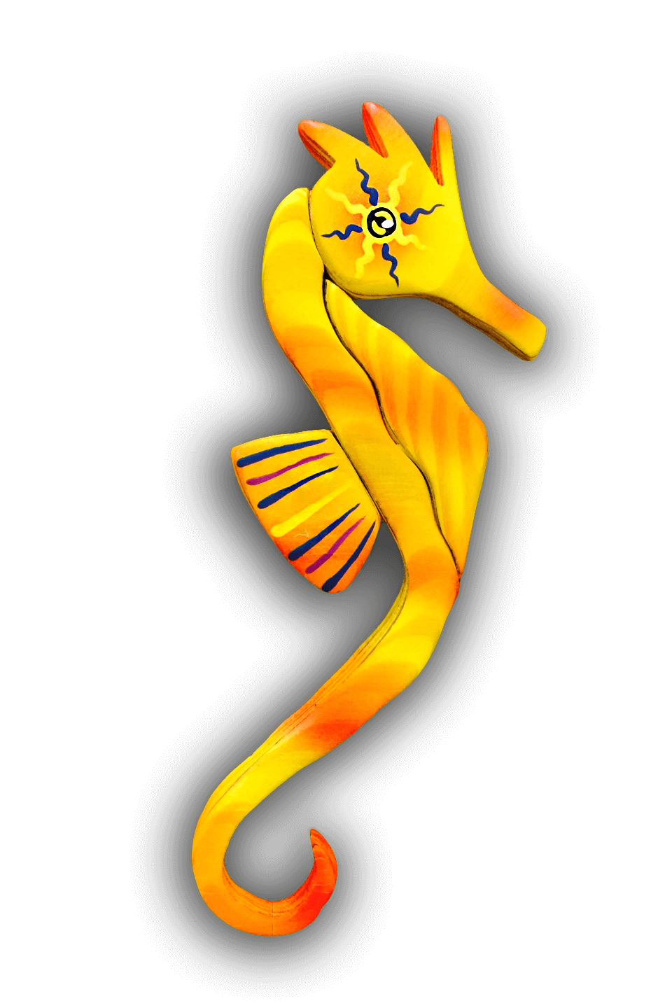 A custom Intarsia Art piece by Nick Vidakovic of a yellow seahorse 