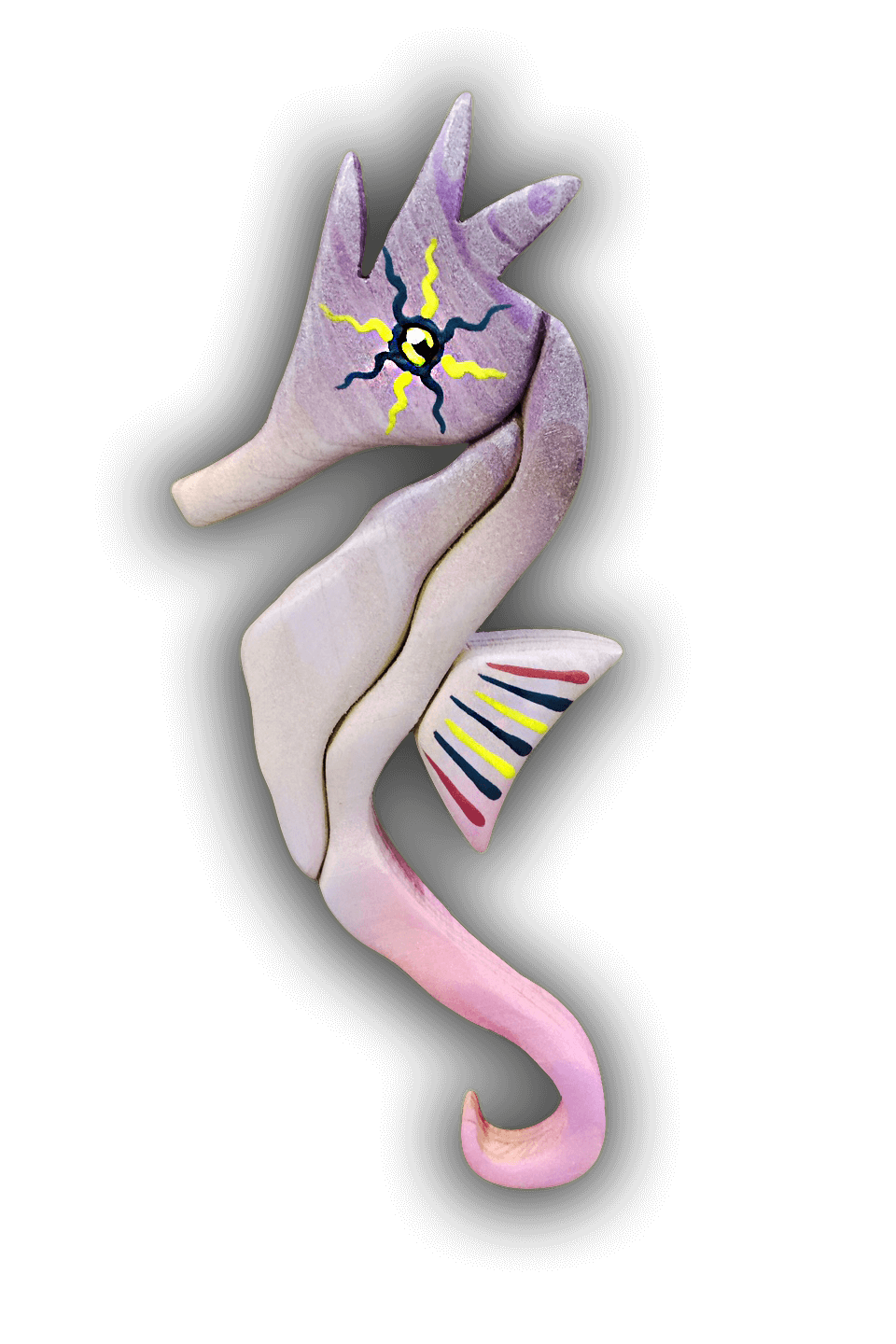 A custom Intarsia Art piece by Nick Vidakovic of a purple and pink seahorse with yellow
