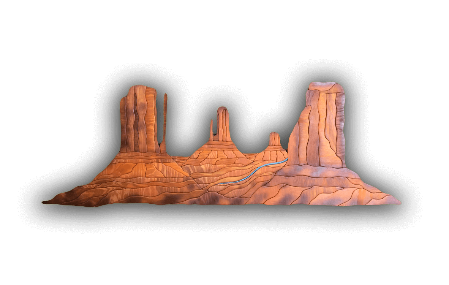 A custom Intarsia Art piece by Nick Vidakovic of a desert landscape