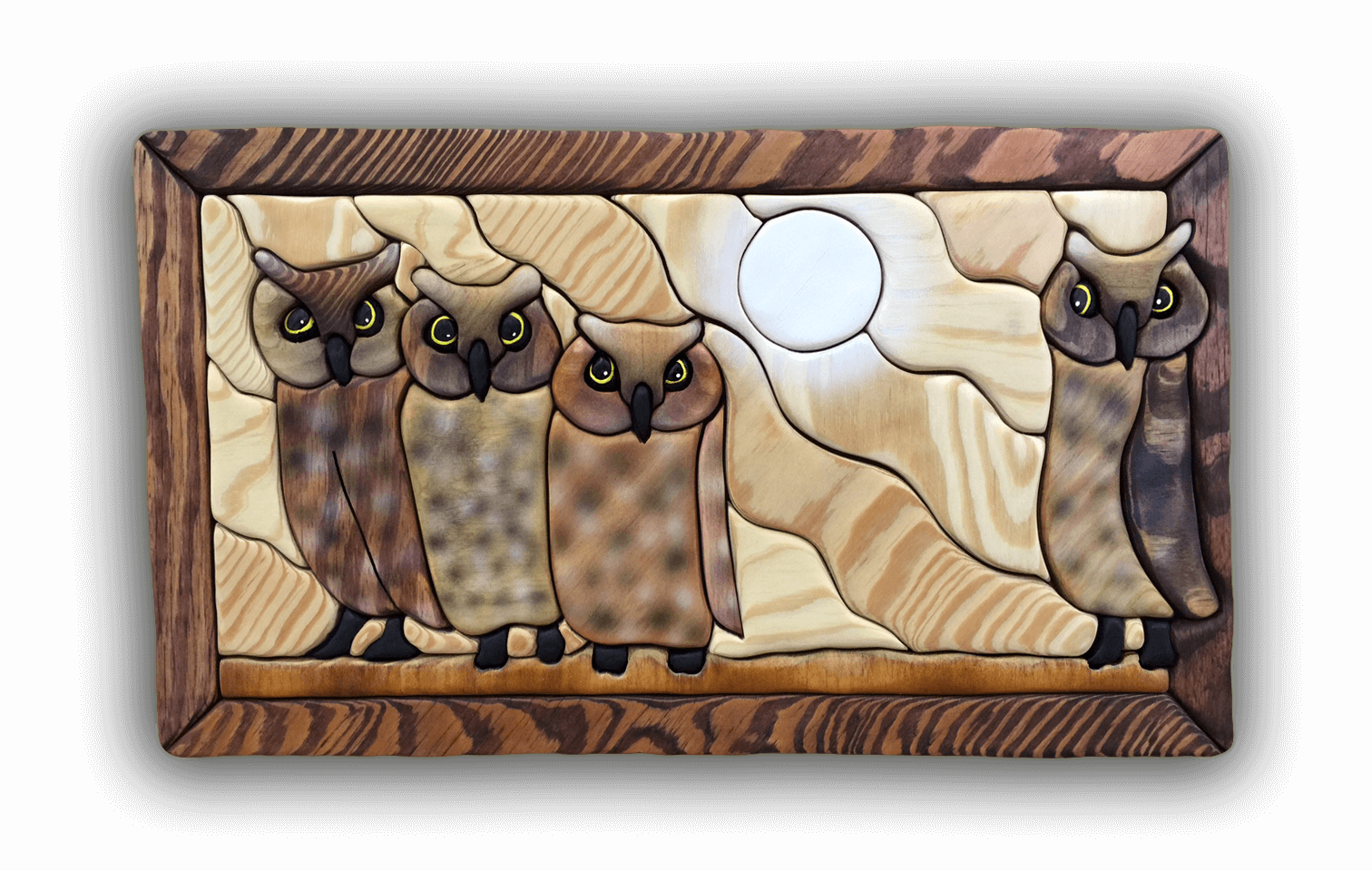 A custom Intarsia Art piece by Nick Vidakovic of four owls 
