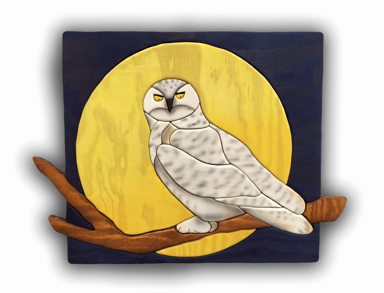 A custom Intarsia Art piece by Nick Vidakovic of a snowy owl sitting on a tree branch in front of a full moon