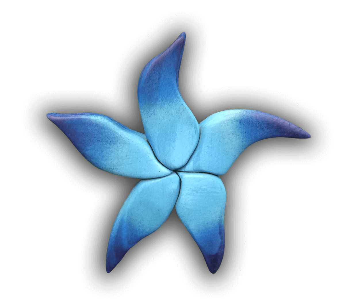 A custom Intarsia Art piece by Nick Vidakovic of a blue starfish